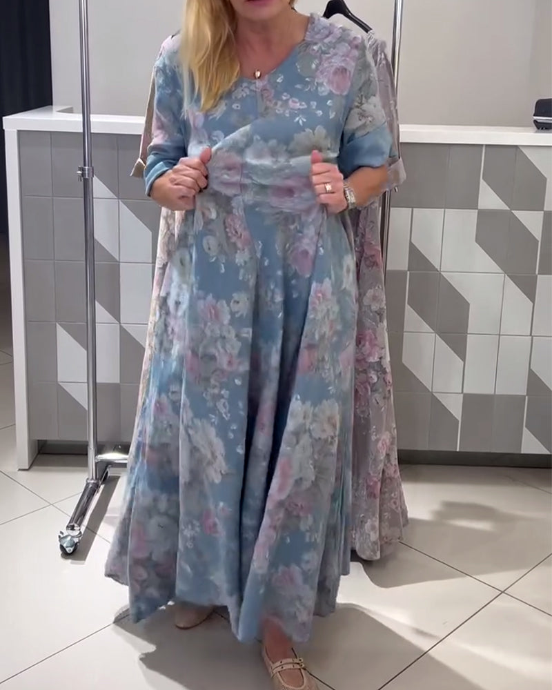 Kleid V-Ausschnitt Blumenmuster A-Linie