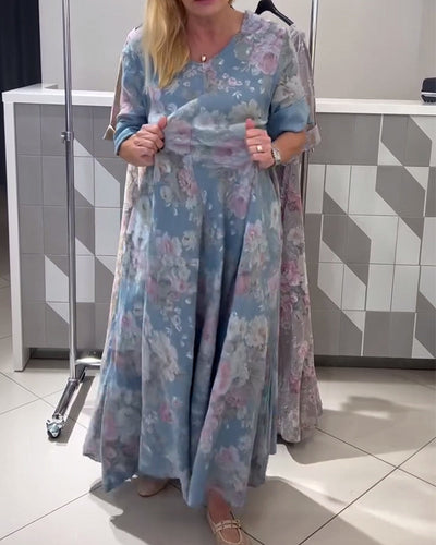 Kleid V-Ausschnitt Blumenmuster A-Linie