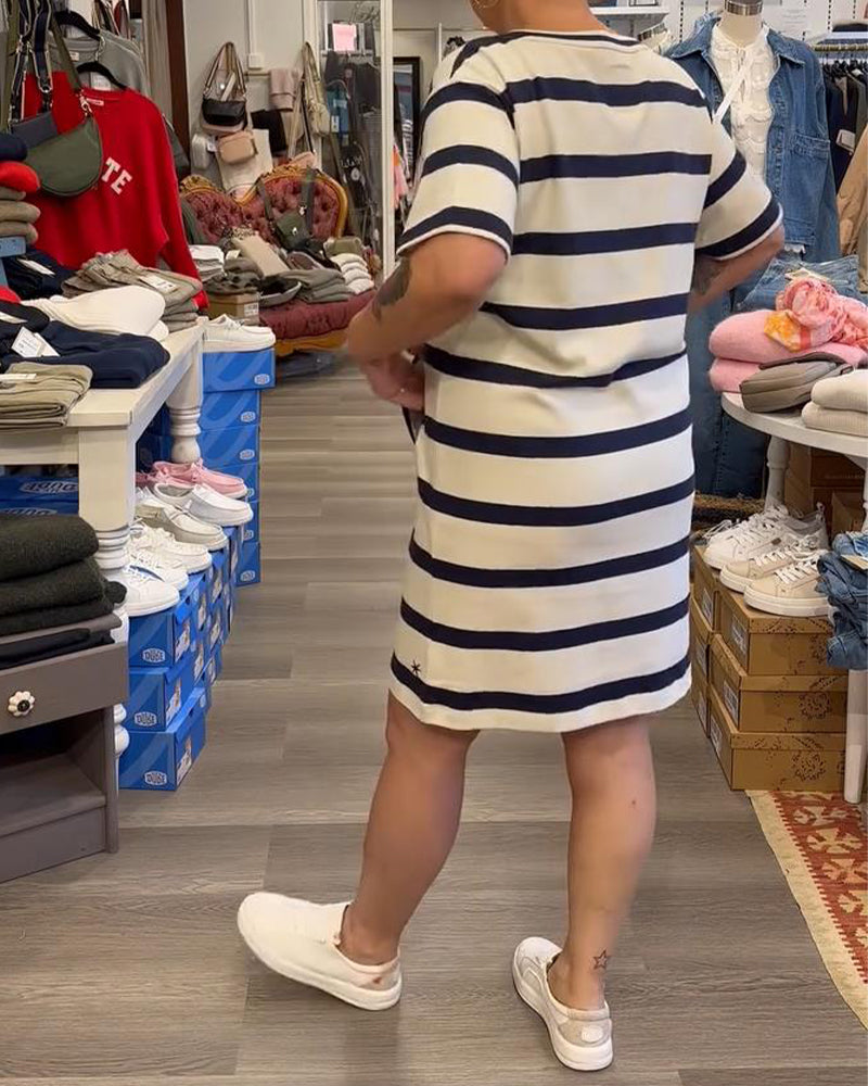 Kleid Rundhals Kurzarm Gestreift