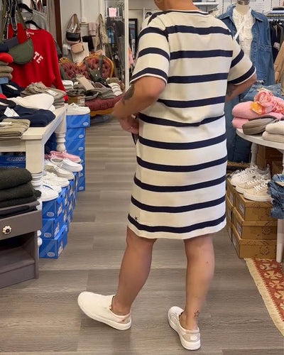 Kleid Rundhals Kurzarm Gestreift