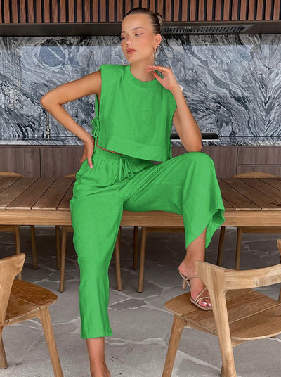 Damen Leinen-Set – Lockerer Schnitt – 2-teiliges Sommer-Outfit