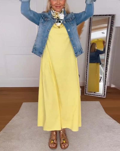 Kleid Casual Rundhals Uni-Farben Gerade