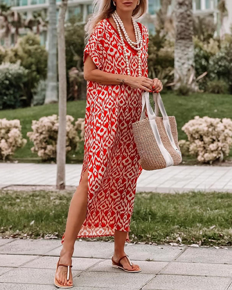 Kleid Schlitz Kurzarm bedruckt