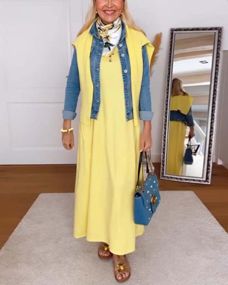 Kleid Casual Rundhals Uni-Farben Gerade