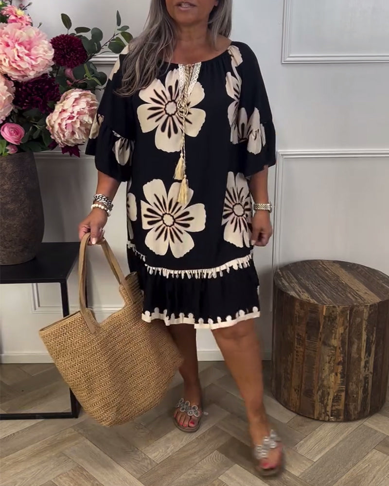 Kleid Halbärmel Knoten Übergroß Bedruckt