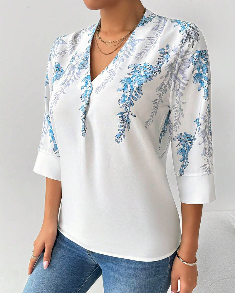 Bluse Dreiviertelärmel V-Ausschnitt Bedruckt