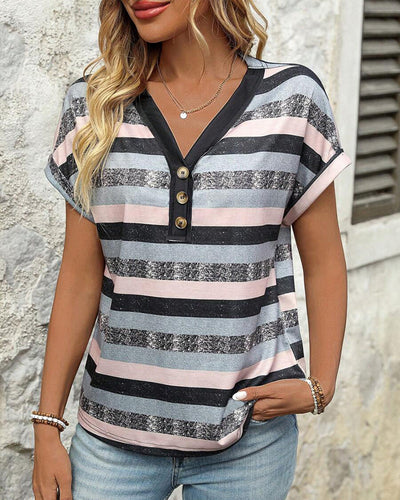 T-Shirt V-Ausschnitt Dreiknopf Gestreift