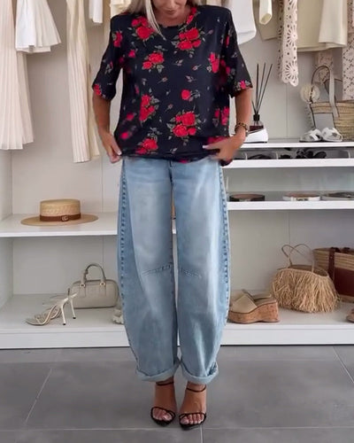 T-Shirt Rundhals Blumenmuster Kurzärmlig