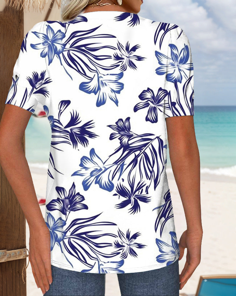 T-Shirt Rundhals Blumenprint Gestrickt