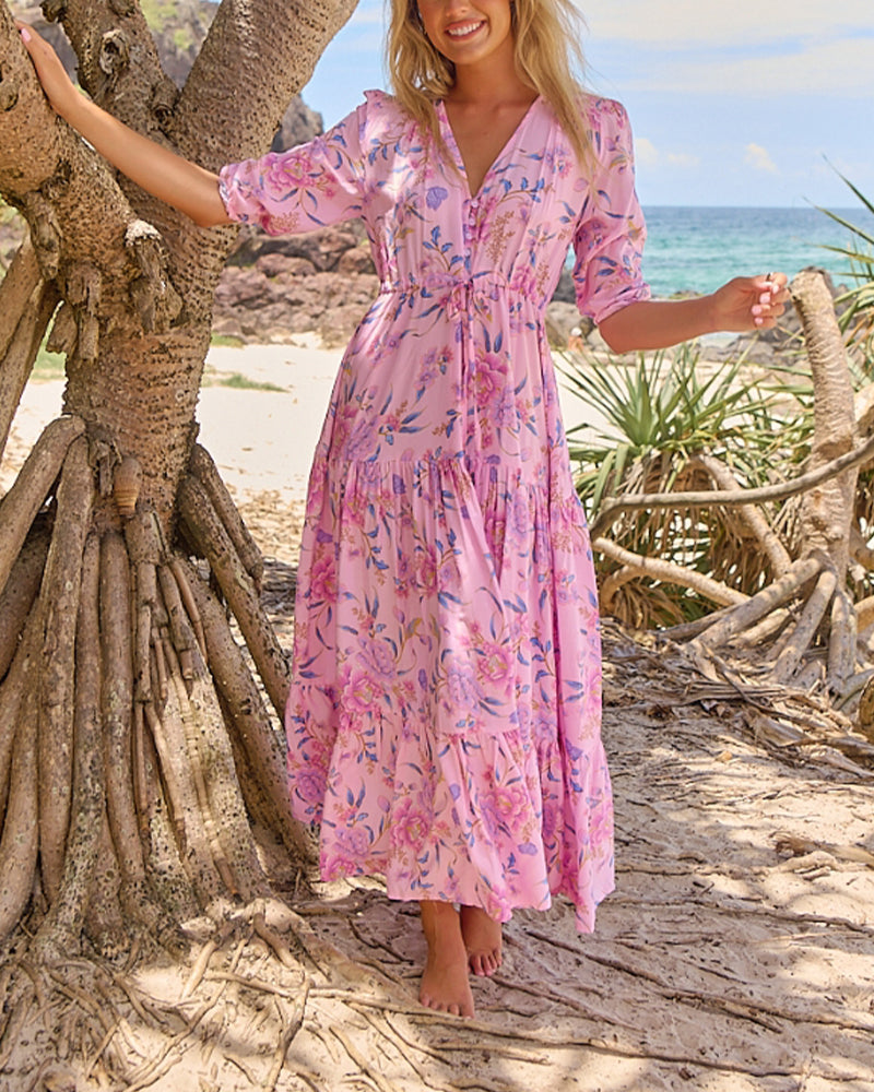 Kleid V-Ausschnitt Blumenmuster Kurzarm