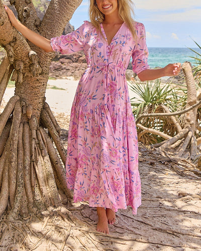 Kleid V-Ausschnitt Blumenmuster Kurzarm