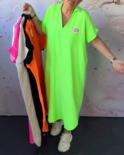 Kleid V-Ausschnitt Gefaltet Einfarbig Lang