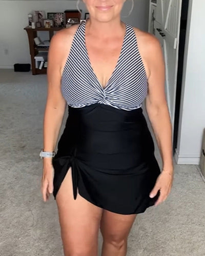 Badeanzug Sexy V-Ausschnitt gestreift Kontrast