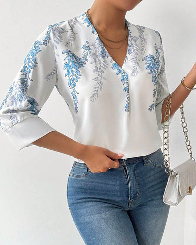 Bluse Dreiviertelärmel V-Ausschnitt Bedruckt