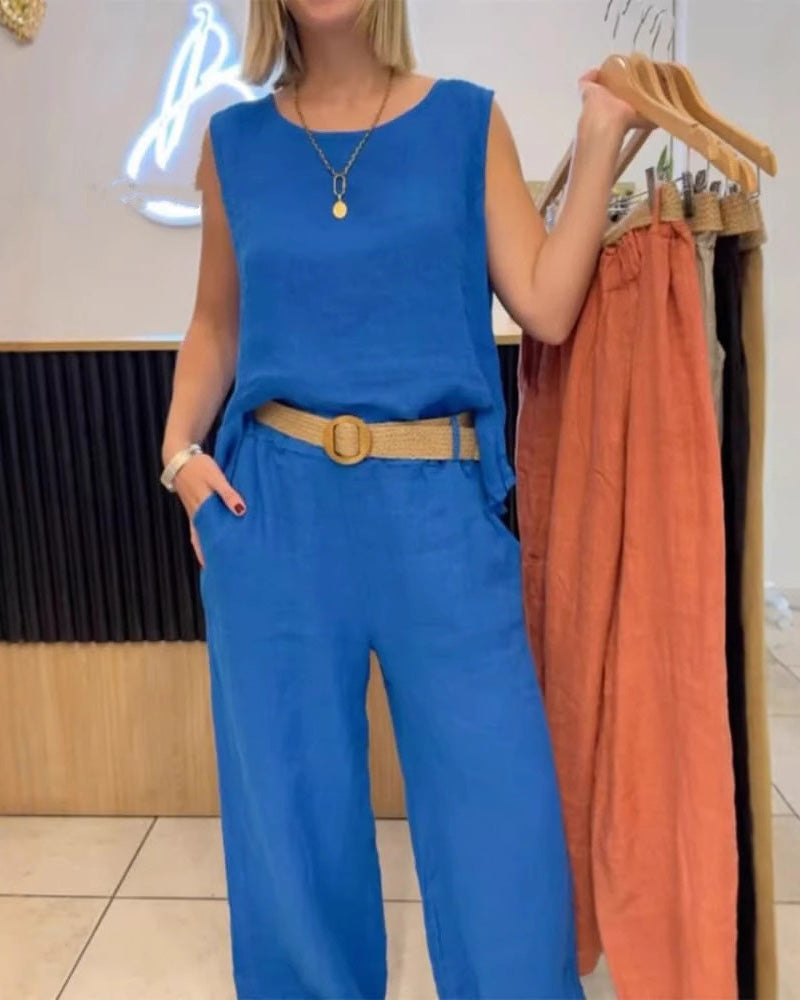 Set Baumwolle Und Leinen Uni-Farben Ärmellose Hose