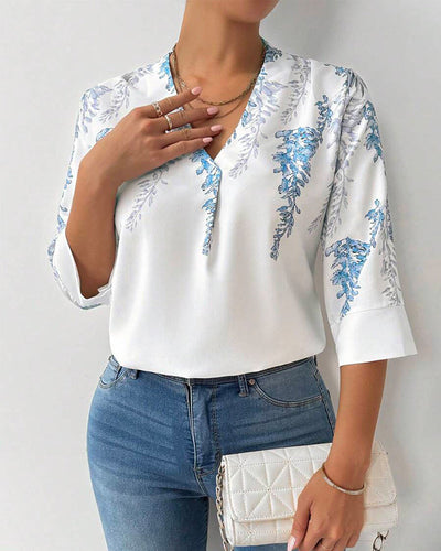 Bluse Dreiviertelärmel V-Ausschnitt Bedruckt