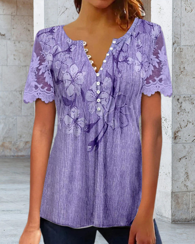 Bluse mit Spitzeneinsatz Rundhalsausschnitt bedruckt