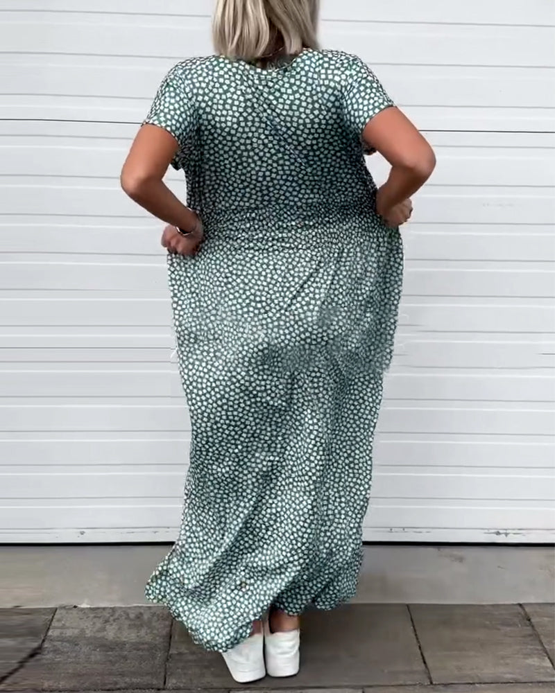 Kleid V-Ausschnitt Bedruckte Taille Kurzärmelig