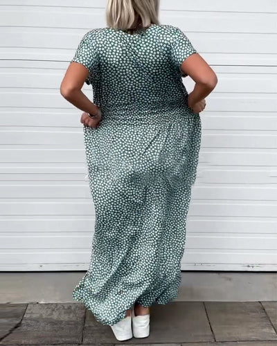 Kleid V-Ausschnitt Bedruckte Taille Kurzärmelig