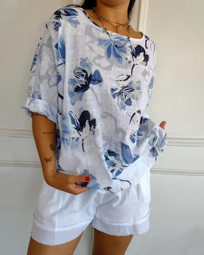 Bluse Rundhals Langarm Druck