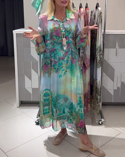 Kleid Laternenärmel Hemdkragen bedruckt lang