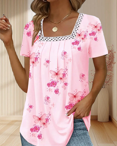 Bluse Weiter Kragen Gerafft Bedruckt Patchwork