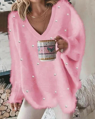 Flauschiger Pullover mit V-Ausschnitt für Frauen