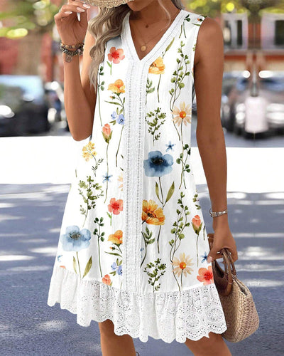 Kleid V-Ausschnitt Ärmellos Modisch Bedruckt