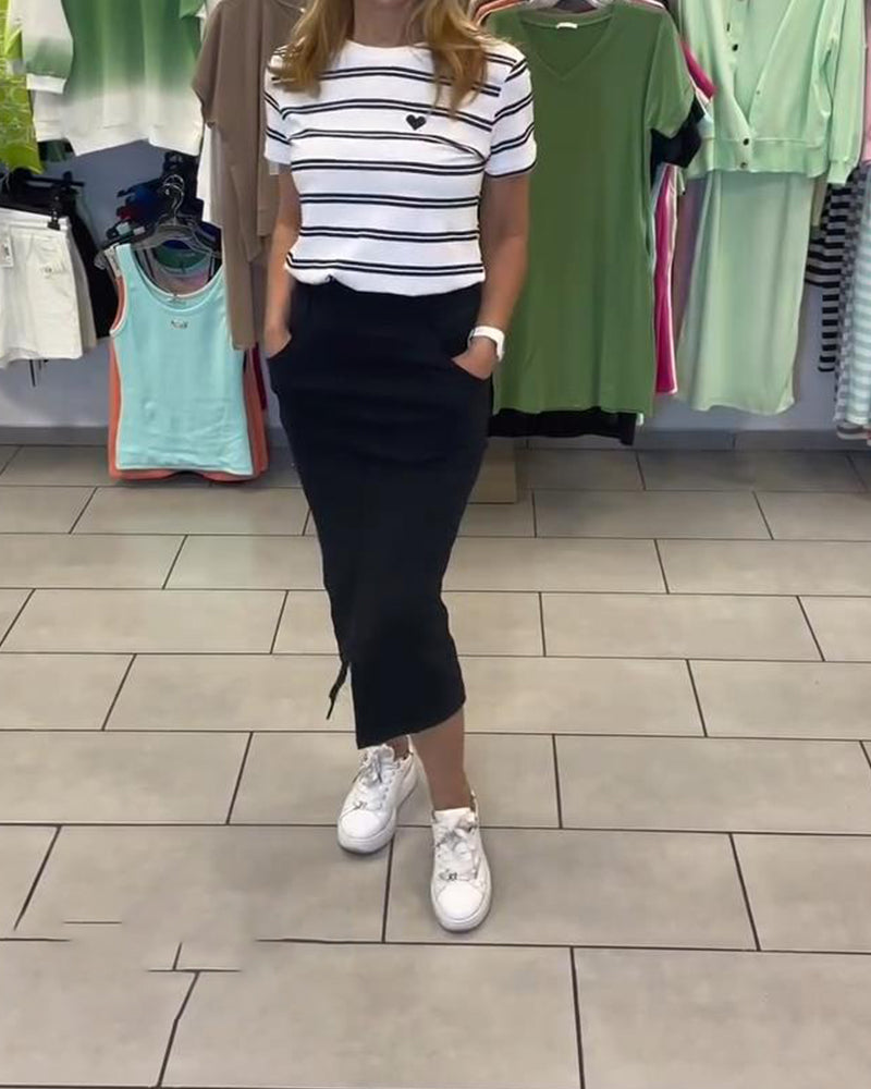 Set Runder Ausschnitt Gestreifter Schlitzrock