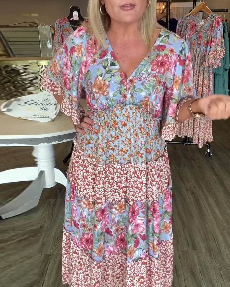 Kleid V-Ausschnitt Lotusärmel Blume