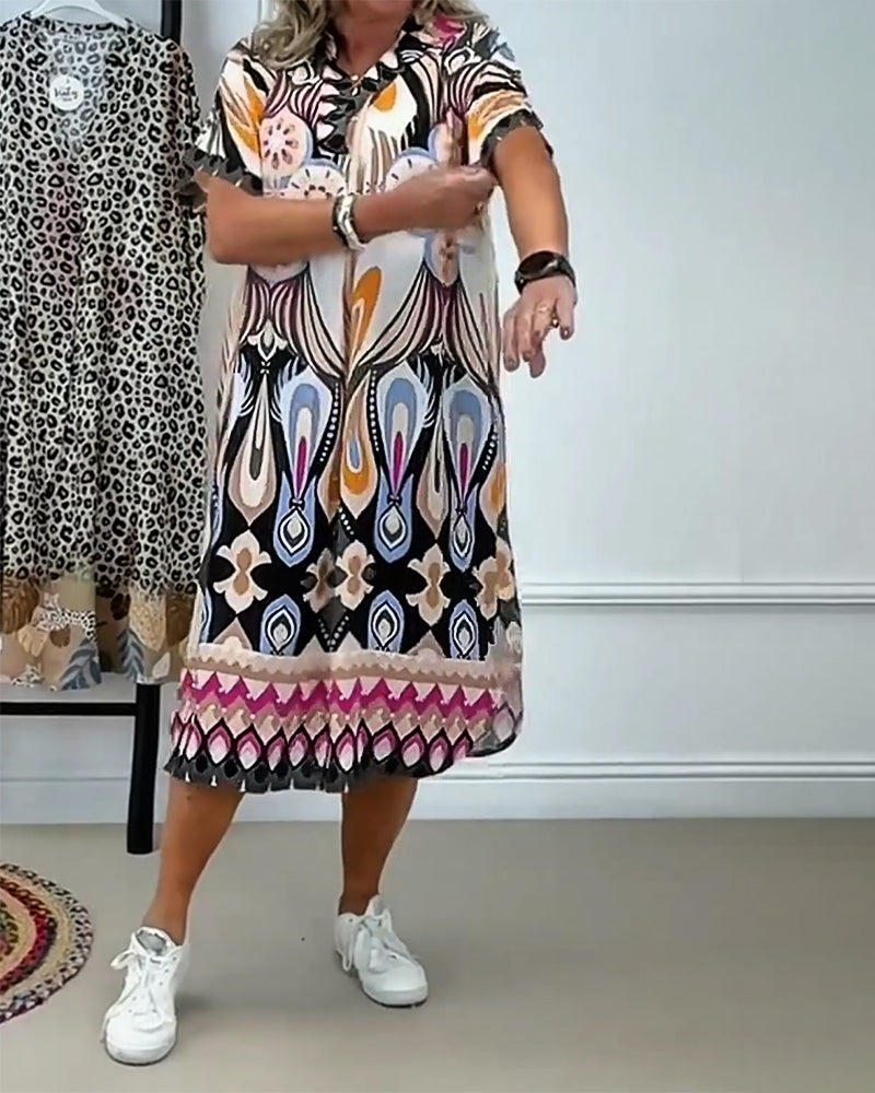 Kleid Boho Bedruckt Gerade Kurzärmelig