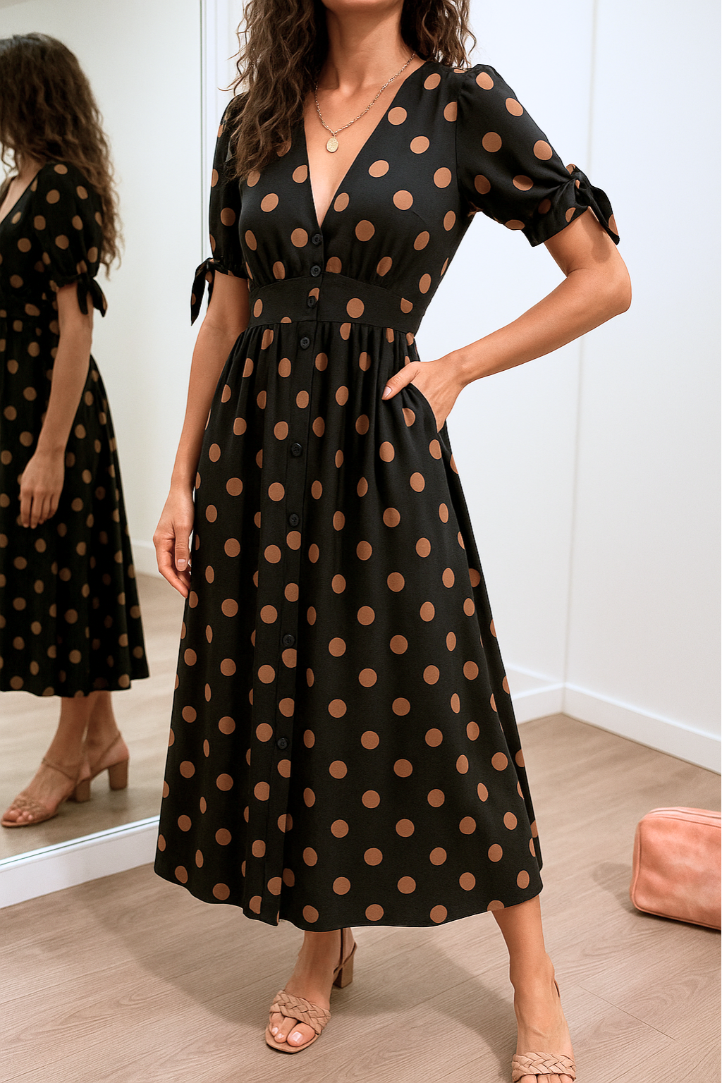 Aleksandra - Elegant Polka Dot Dress with V-neck