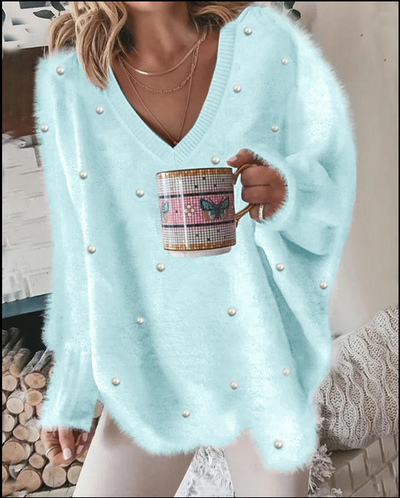 Flauschiger Pullover mit V-Ausschnitt für Frauen