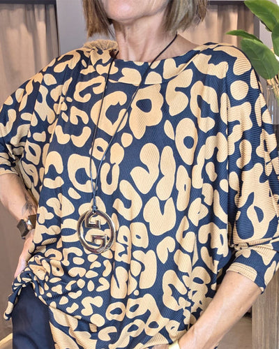 Bluse Runder Hals Fledermausärmel Druck