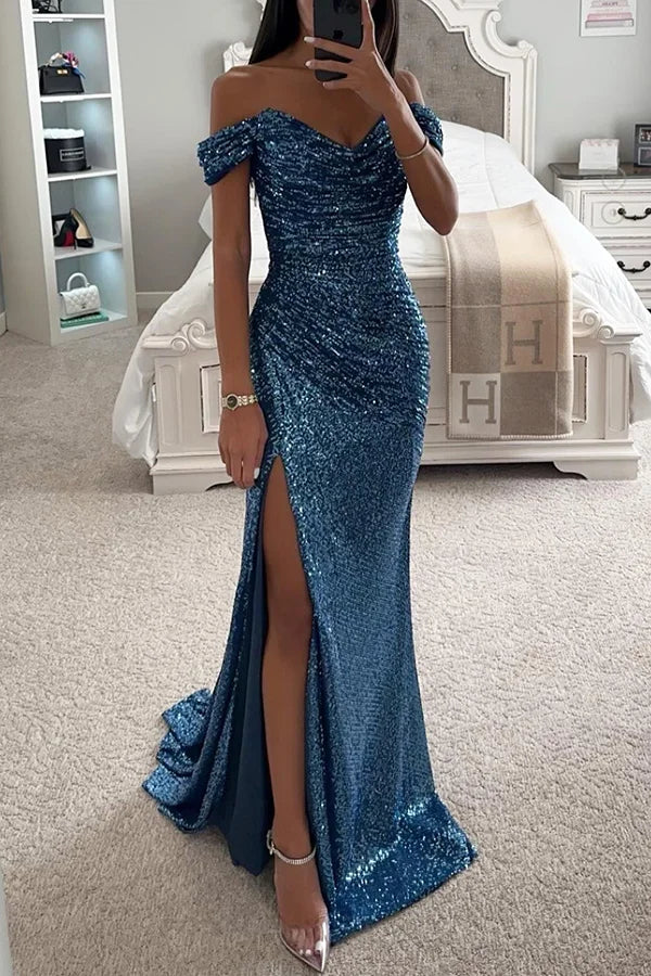 Heidi-Mode | Pailletten Off-Shoulder Raffung Schlitz Abend Maxi Kleid