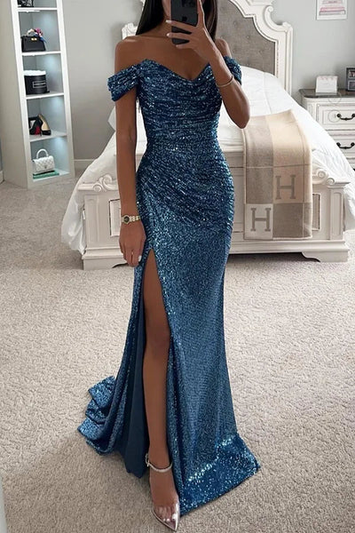 Heidi-Mode | Pailletten Off-Shoulder Raffung Schlitz Abend Maxi Kleid