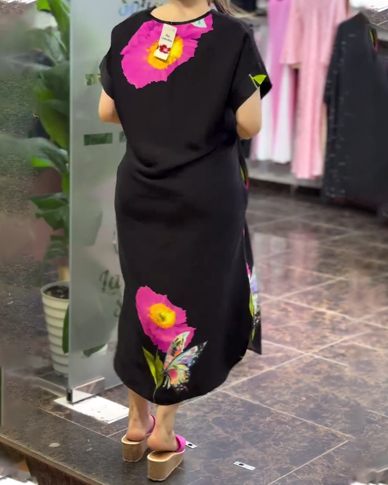 Kleid Mode V-Ausschnitt Weit Gedruckt