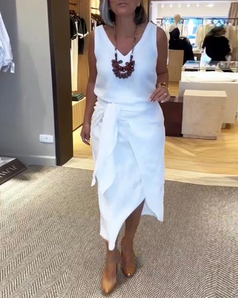 Kleid Ärmellos V-Ausschnitt Uni-Farben