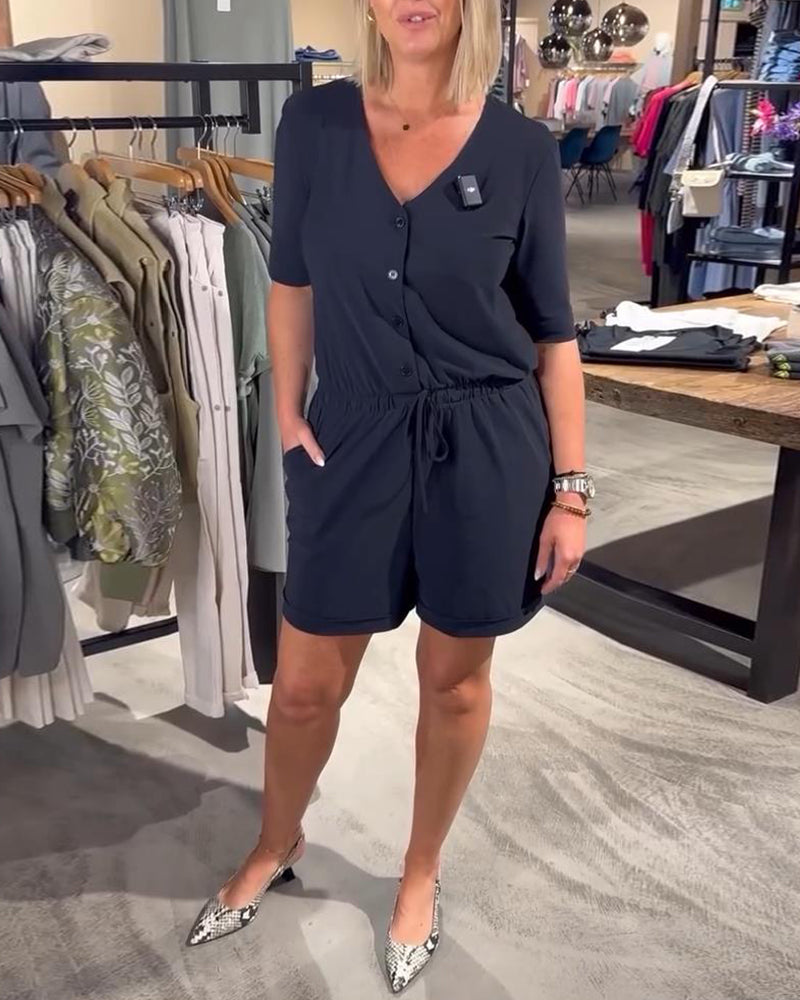 Jumpsuit kurzärmelig V-Ausschnitt Schnürung
