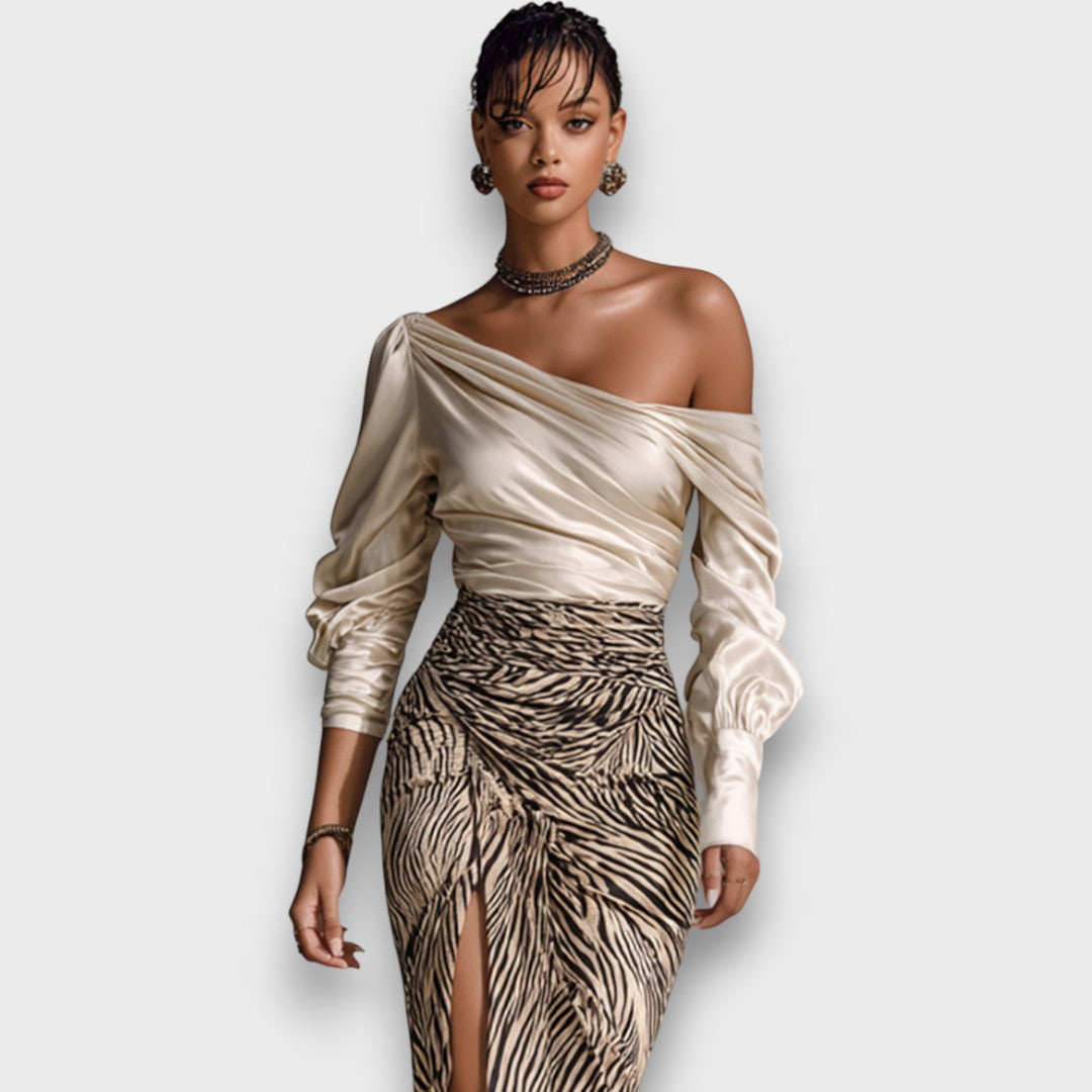 Alessira – Langes Satin-Top mit Off-Shoulder-Design