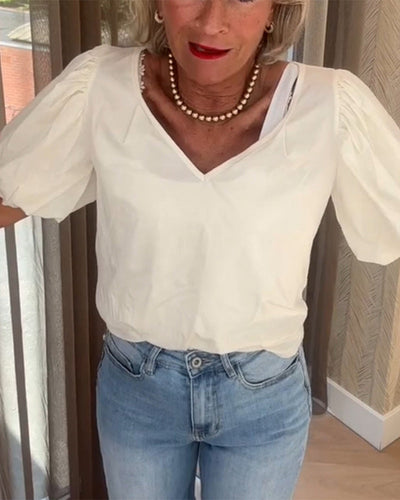 T-Shirt mit Puffärmeln und V-Ausschnitt