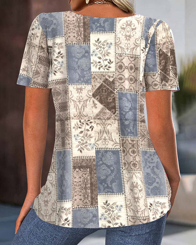 Bluse Vintage Rundhals Gefaltet Bedruckt