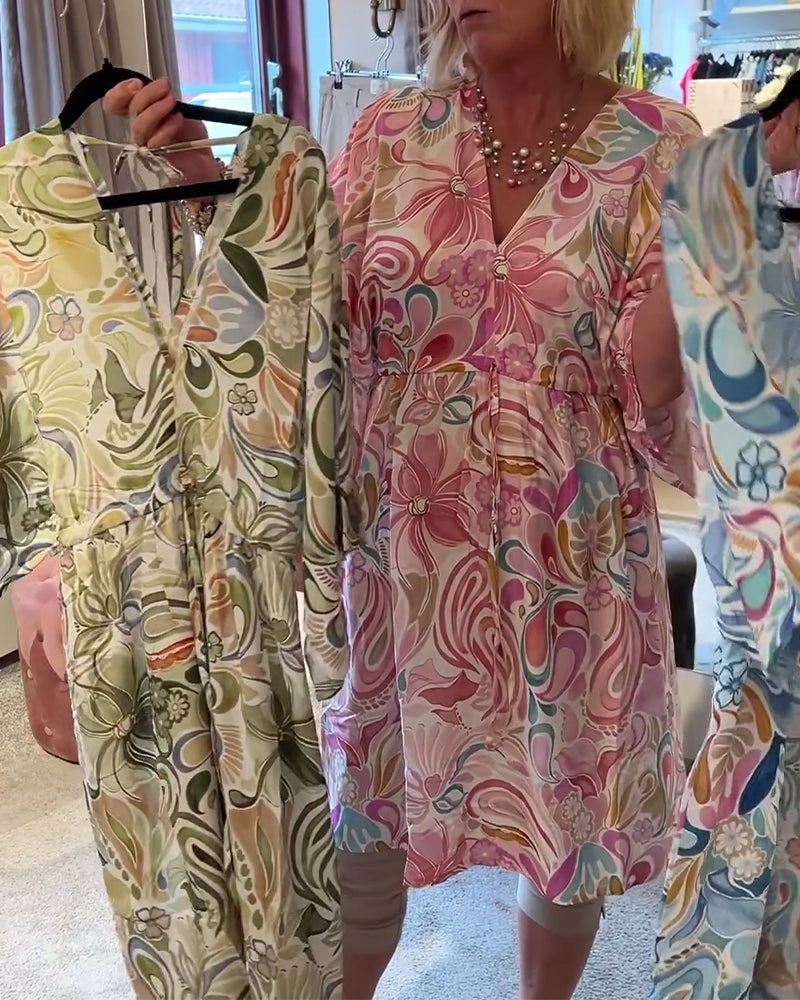 Kleid Halbärmliger V-Ausschnitt Bedruckt