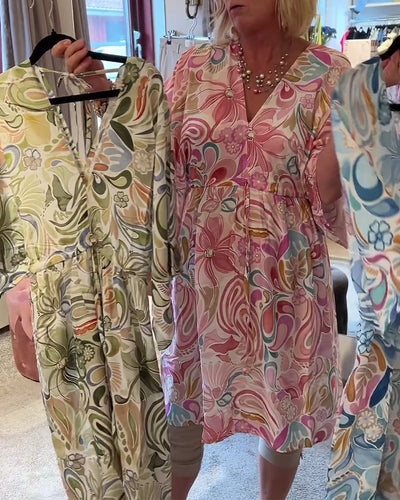 Kleid Halbärmliger V-Ausschnitt Bedruckt