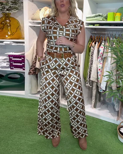 Anzug Modisch Rundhals Bedruckte Weitbein-Hose