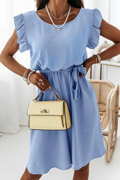 Heidi-Mode | Elegant Unifarben Volant Mit Gürtel O-Hals A-Linien Kleider