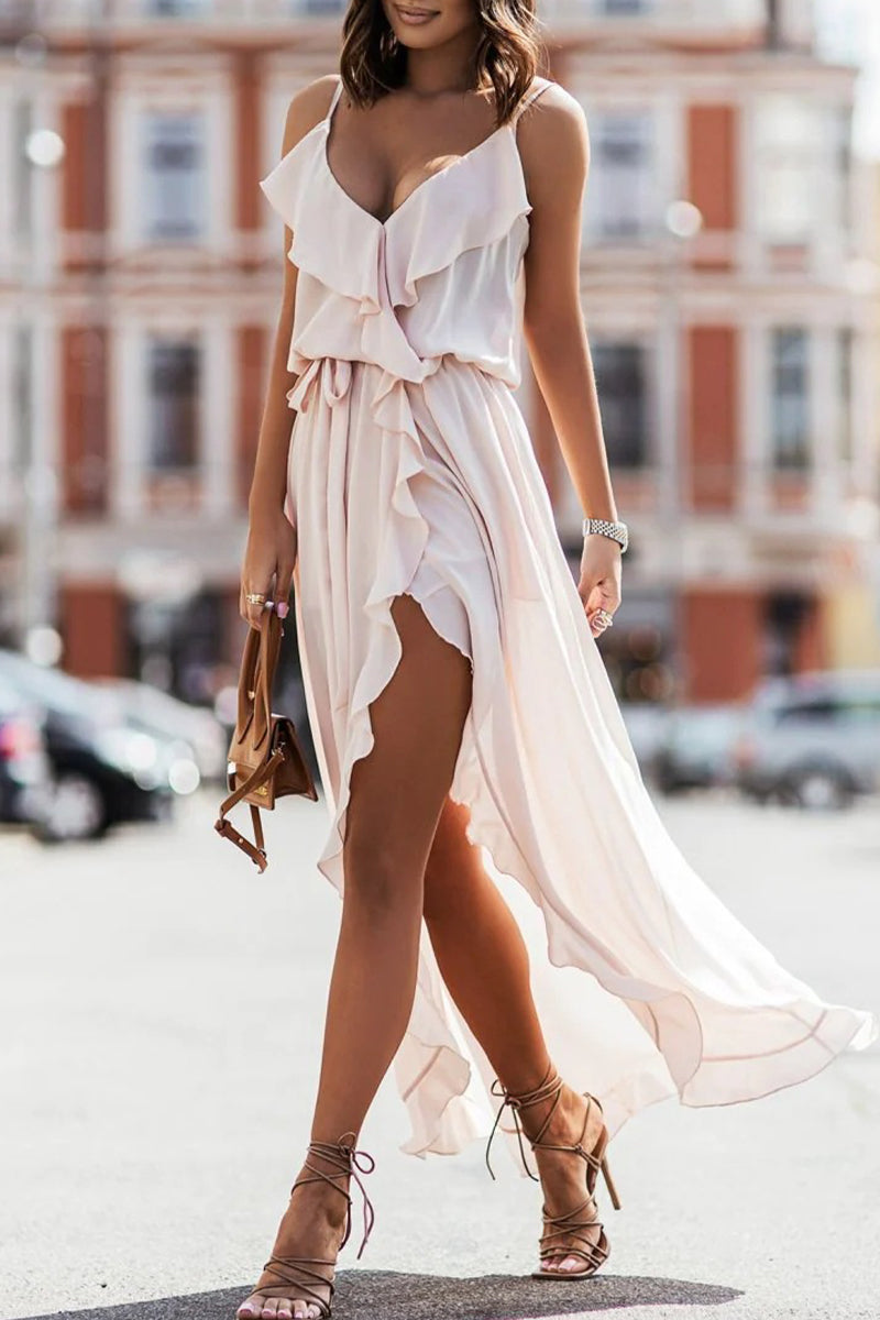 Heidi-Mode | Sexy Elegant Urlaub Solid Asymmetrisch V-Ausschnitt Unregelmäßig Kleid Kleider