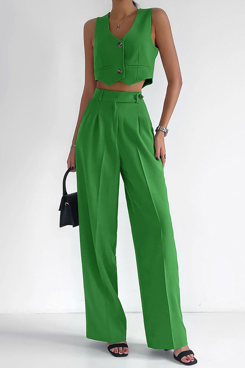 Heidi-Mode | Lässig Einfarbig Knöpfe V-Ausschnitt Ärmellos Zwei Teile