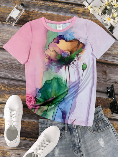 Heidi-Mode | Blumenprint Farbblock T-Shirt mit Kurzarm