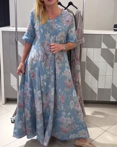 Kleid V-Ausschnitt Blumenmuster A-Linie